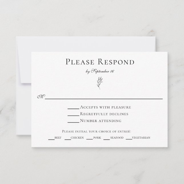 Simple Minimalist Classic Elegant Leaf RSVP meal Card (Front)
