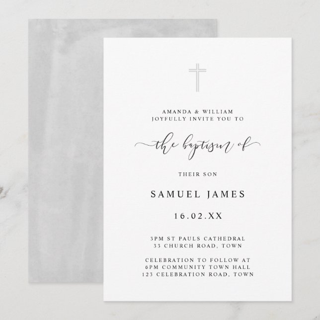 Simple Minimalist Classic Watercolor Gray Baptism Invitation (Front/Back)