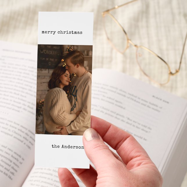 Simple Minimalist Couple Photo Black Christmas Bookmarks (Hand)