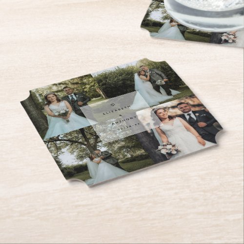 Simple Minimalist Couple Photo Collage Wedding Paper Coaster