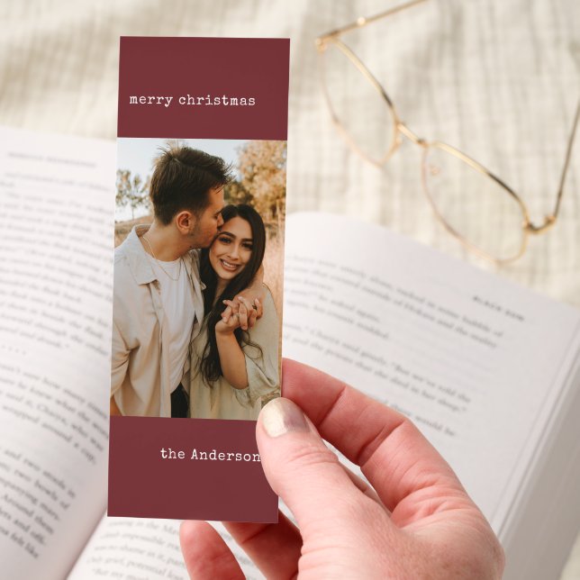 Simple Minimalist Couple Photo Red Christmas Bookmarks (Hand)