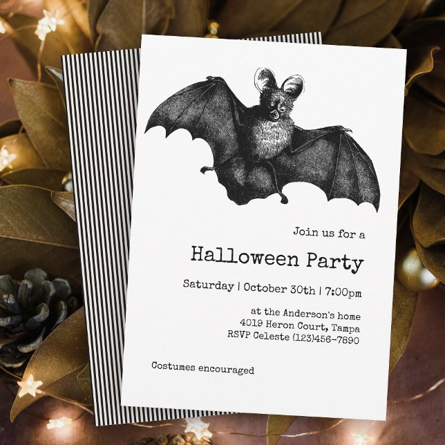 Simple Minimalist Creepy Bat Halloween Party Invitation (A simple minimal Halloween party invitation with a cool creepy Vintage bat illustration!)