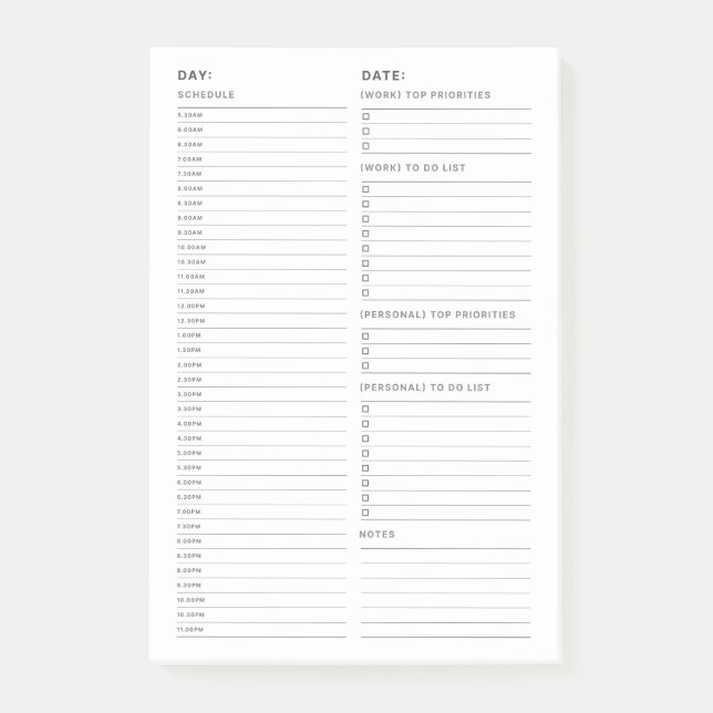 Simple Minimalist Daily To Do List Post-it Notes (Front)