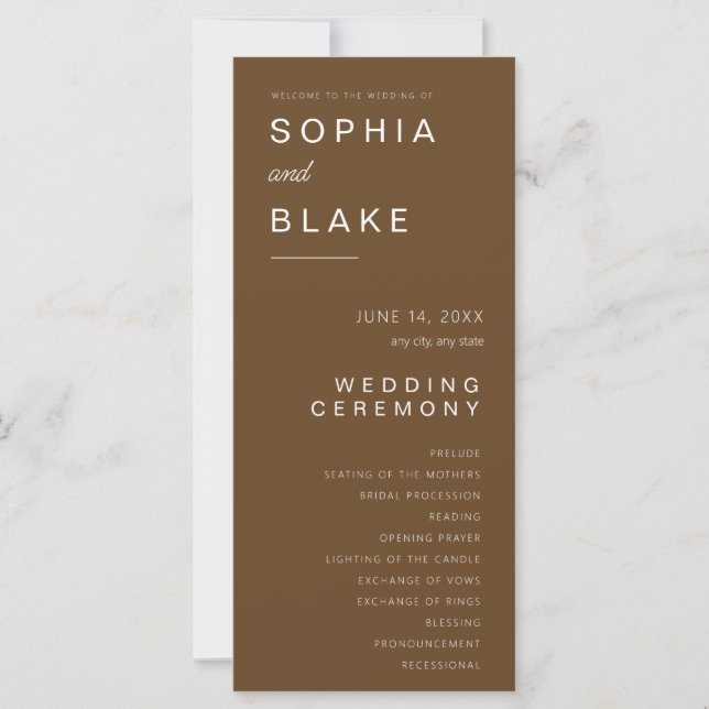 Simple Minimalist Dark Brown Wedding Program (Front)