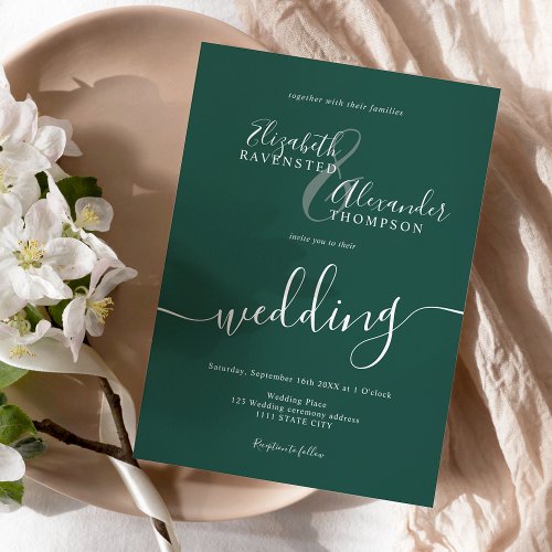 Simple minimalist dark green script chic wedding invitation