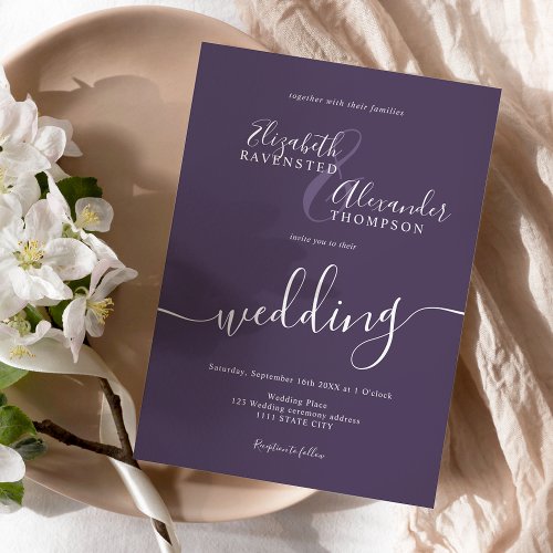 Simple minimalist dark purple script chic wedding invitation