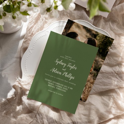 Simple MinimalistDark Sage Photo Casual Wedding  Invitation