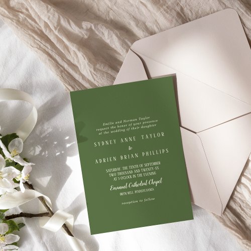 Simple MinimalistDark Sage Traditional Wedding  Invitation