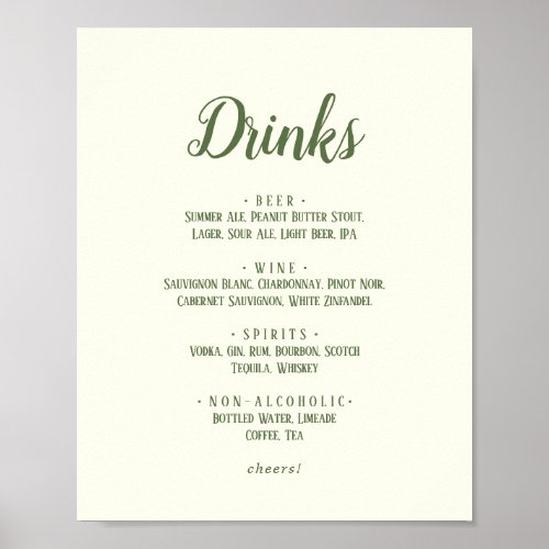 Simple MinimalistDark Sage Wedding Drinks Menu Poster
