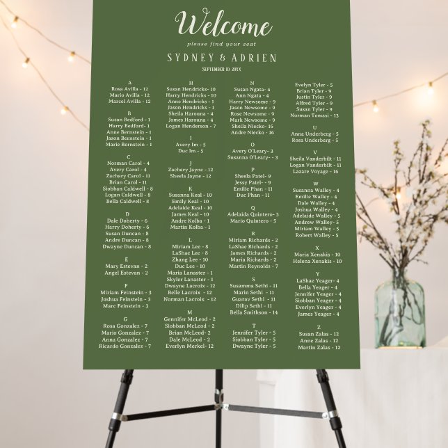 Simple Minimalist|Dark Sage Wedding Seating Chart  Foam Board (In Situ (Stand))
