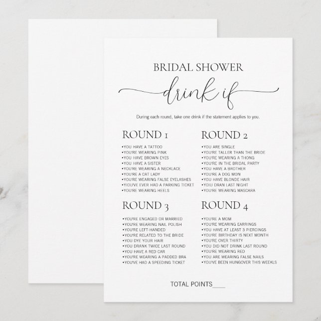 Simple Minimalist Drink If Bridal Shower Game Invitation (Front/Back)