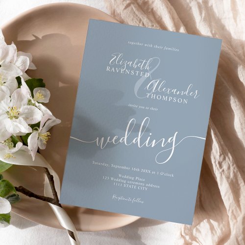 Simple minimalist dusty blue script chic wedding invitation