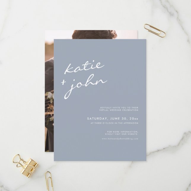 Simple Minimalist Dusty Blue Virtual Wedding  Invitation Postcard (Front/Back In Situ)