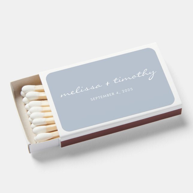 Simple Minimalist Dusty Blue Wedding Label Matchboxes (Front Open)