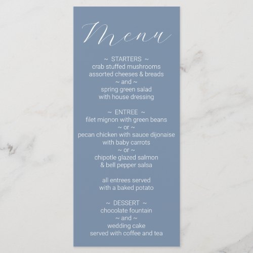 Simple Minimalist Dusty Blue Wedding Menu