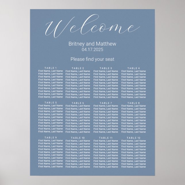 Simple Minimalist Dusty Blue Wedding Seating Chart (Front)