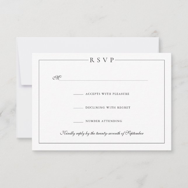 Simple Minimalist Elegant Black and White Wedding RSVP Card (Front)