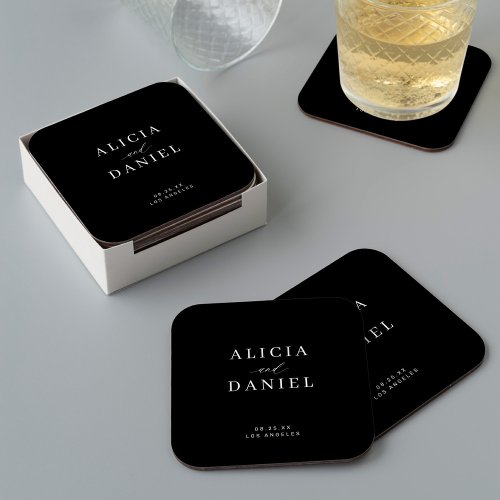 Simple minimalist elegant black wedding square paper coaster