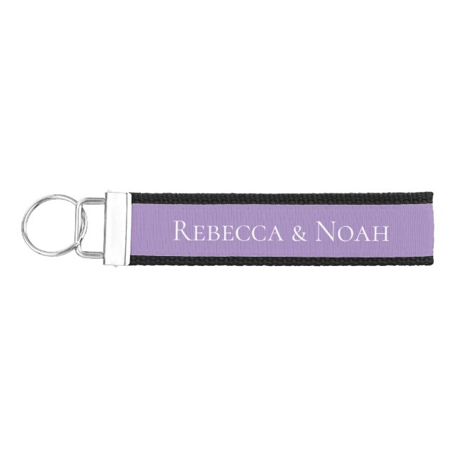 Simple Minimalist Elegant Lavender Text Wedding Wrist Keychain (Keys on Left)