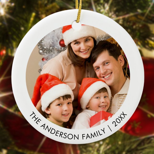 Simple Minimalist Elegant Photo White Ceramic Ornament (A ceramic Christmas ornament to personalize with 2 photos (one on each side) and your own text)