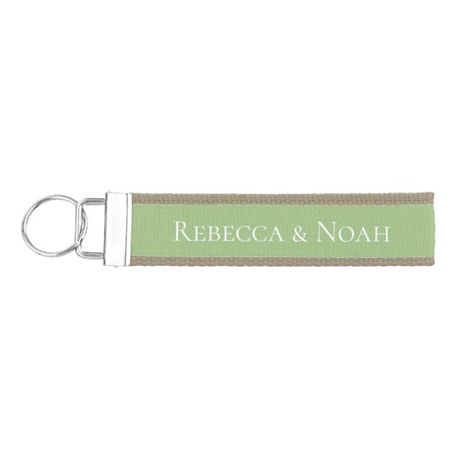 Simple Minimalist Elegant Sage Text Wedding Wrist Keychain (Keys on Left)