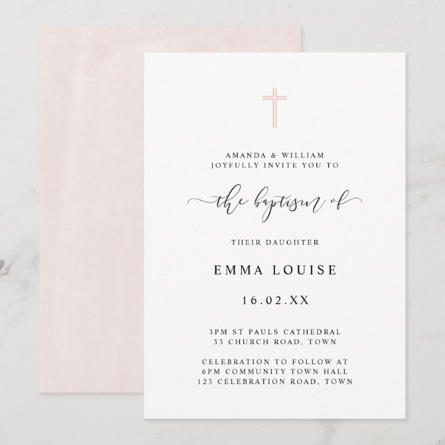 Simple Minimalist Elegant Watercolor Cross Baptism Invitation (Front/Back)