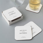 Simple minimalist elegant wedding square paper coaster<br><div class="desc">Elegant simple minimal black and white wedding paper coaster favor decor featuring a classy stylish chic trendy calligraphy script. Easy to personalize with your details! Suitable for formal black tie neutral weddings. Please note that the background color can be changed to match your wedding color scheme. You can change it...</div>