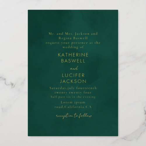 Simple minimalist Emerald green wedding gold Foil Invitation