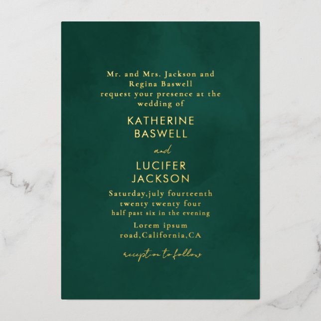 Simple minimalist Emerald green wedding gold Foil Invitation (Front)