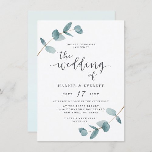 Simple Minimalist Eucalyptus Calligraphy Wedding Invitation