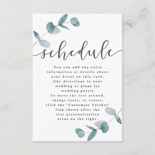 Simple Minimalist Eucalyptus Chic Wedding Schedule Enclosure Card