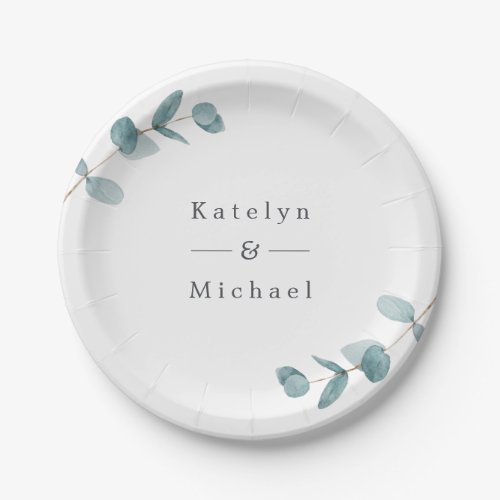 Simple Minimalist Eucalyptus Frame  Names Wedding Paper Plates