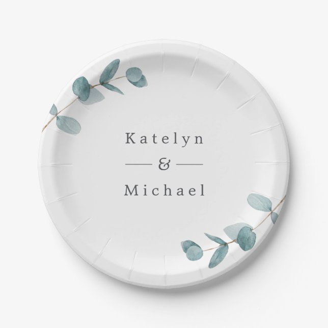 Simple Minimalist Eucalyptus Frame & Names Wedding Paper Plates (Front)