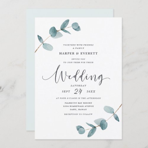 Simple Minimalist Eucalyptus Frame Script Wedding Invitation