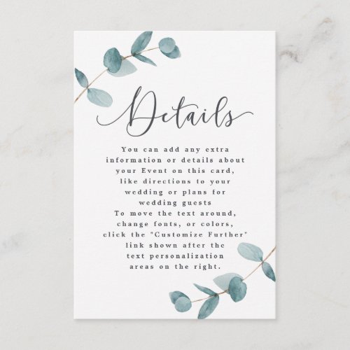 Simple Minimalist Eucalyptus Frame Wedding Details Enclosure Card