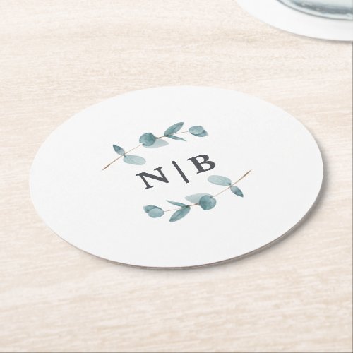 Simple Minimalist Eucalyptus Wedding Monogrammed Round Paper Coaster