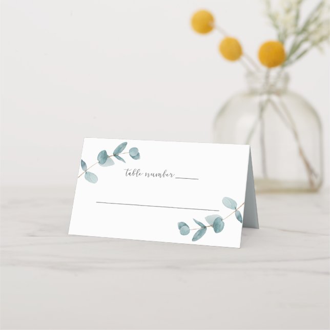 Simple Minimalist Eucalyptus Wedding Table Number Place Card (Front)