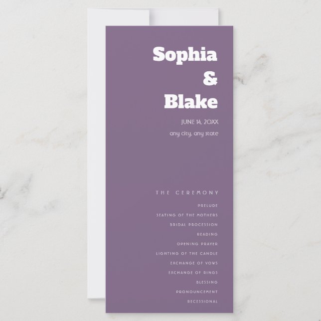 Simple Minimalist Faded Purple Wedding Program (Front)
