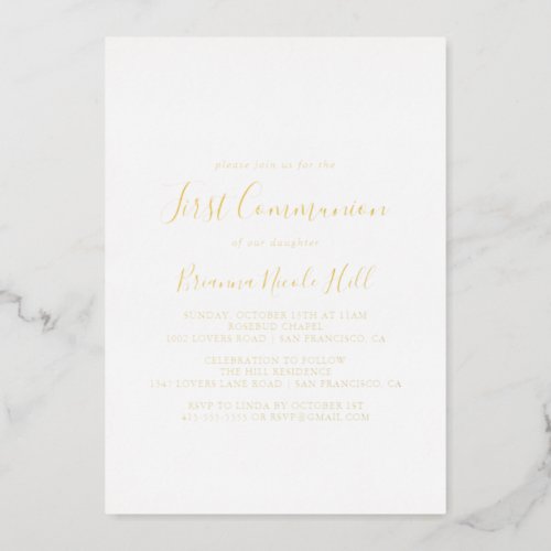 Simple Minimalist First Communion Gold    Foil Invitation