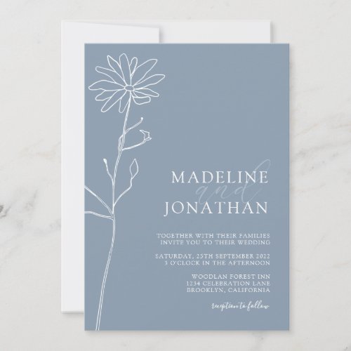 Simple Minimalist Floral Dusty Blue Photo Wedding Invitation