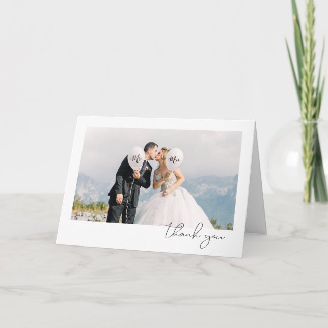 Simple Minimalist Fun Script Font Photo Wedding Thank You Card (Front)