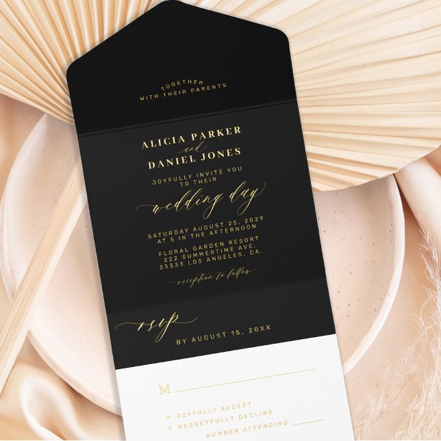 Simple minimalist gold black foil wedding  all in one invitation  (Creator Uploaded)