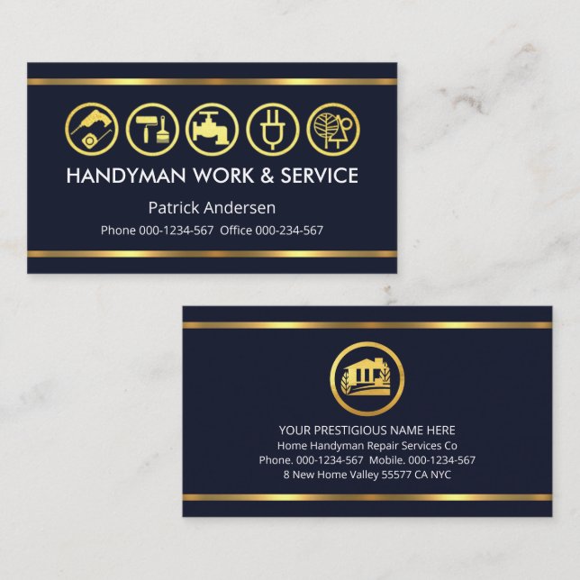 Simple Minimalist Gold Handyman Tools Line Business Card (Front/Back)