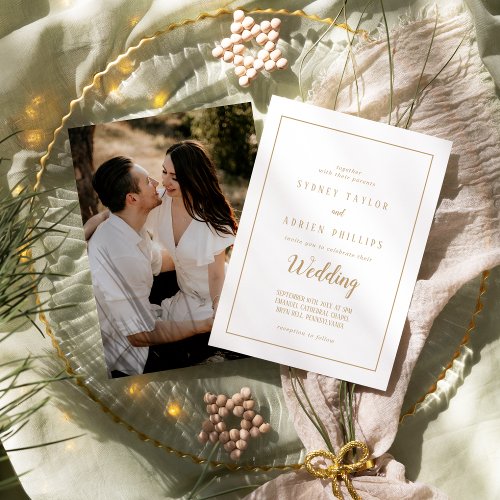 Simple MinimalistGold Informal PhotoFrame Wedding Invitation