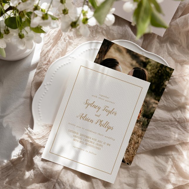 Simple Minimalist|Gold Photo Casual Frame Wedding Invitation (Creator Uploaded)