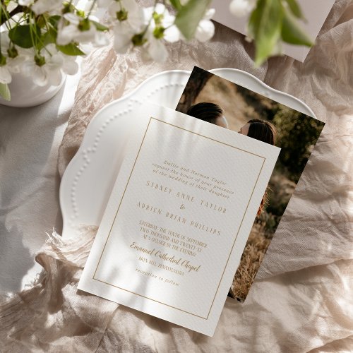 Simple MinimalistGold Photo Frame Wedding Invitation