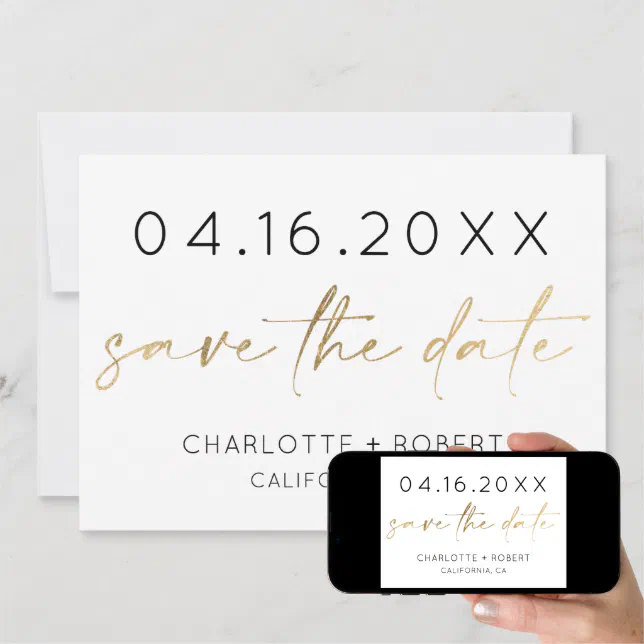 Simple minimalist gold script font save the date | Zazzle