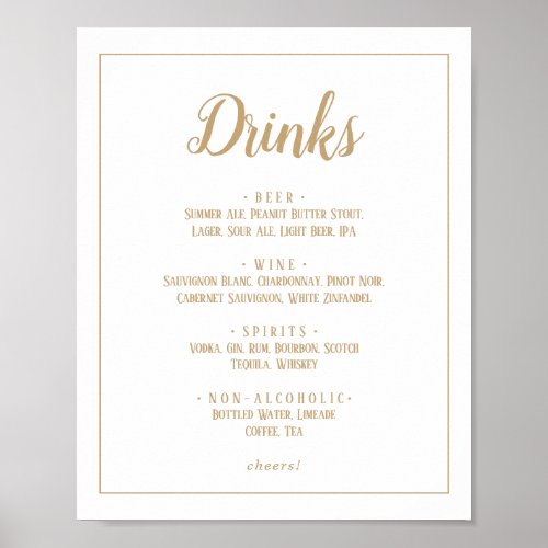 Simple MinimalistGold Wedding Drinks Menu Frame  Poster
