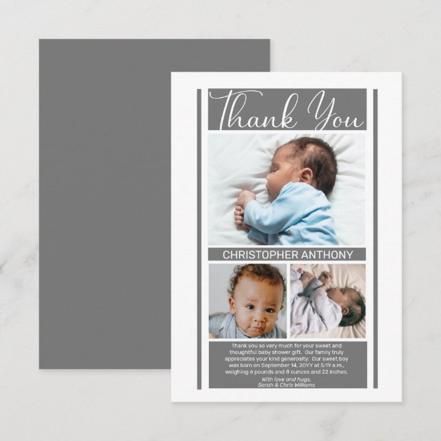 Simple Minimalist Gray Baby Shower Boy Thank You (Front/Back)