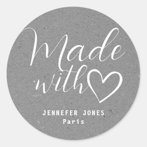 Simple Minimalist Gray Paper Made With Love Heart Classic Round Sticker